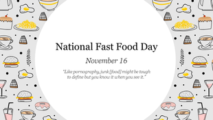 Stylized themed design with hand-drawn food illustrations around a central quote and date marking National Fast Food Day.