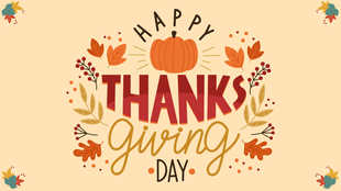 Thanksgiving slide featuring autumn leaves, berries, and a central pumpkin framing the text, on a beige background.