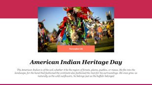 Colorful image of a person in traditional native American regalia, set on a red and white slide design with a date tag.