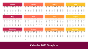Yearly calendar for 2021 showing all twelve months, each highlighted in red, orange, or yellow headers.