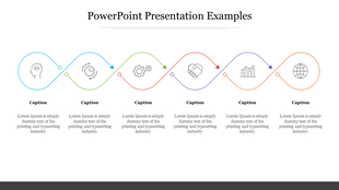 PowerPoint presentation template with six color coded icons connected in a loop with captions on a white backdrop.