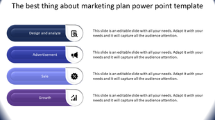 Horizontal steps with four sections, featuring marketing-related titles and icons for design, ads, sales, and growth metrics.