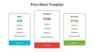 Price sheet template showing three white cards with prices and features, colored buttons at the bottom for sign up.