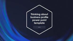 Business profile slide with a hexagonal frame in white on a dark blue background with flowing accents.