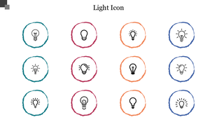 Grid of twelve lightbulb icons in colored circles, each with a unique bulb design indicating ideas or innovation.