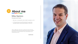About me slide with a left aligned white content box and a professional portrait on a blurred blue background.