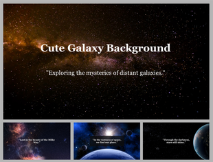 Galaxy themed slide deck with a large title reading “Cute Galaxy Background” and quotes over starry space scenes.