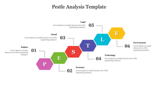 Hexagonal diagram illustrating six PESTLE factors: politics, economy, social, technology, legal, and environment.