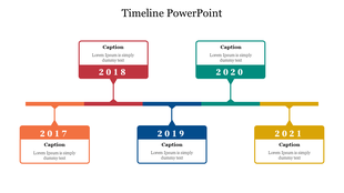 Timeline with multicolored line connected to five corresponding text boxes labeled with years on either side.