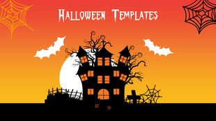 Halloween slide with haunted house, twisted trees, full moon, white bats, and spider webs on an orange gradient background. 