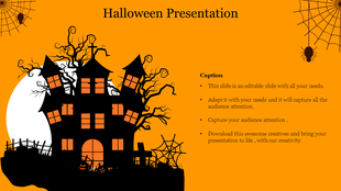 Spooky Halloween slide with a haunted house, bare trees, a full moon, and spider web corners, on an orange background.