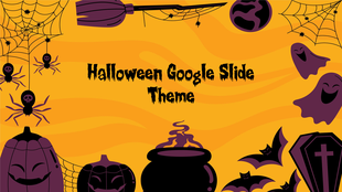 Festive Halloween slide with bold black title and illustrated icons including spiderwebs, and bats in yellow backdrop.