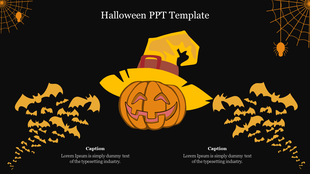 Halloween slide with a yellow pumpkin wearing a witch hat, bats flying across with spider webs, on a dark background.