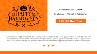 Email marketing slide featuring Halloween themed decorations, pumpkins, and a promotional offer on an orange and white theme.