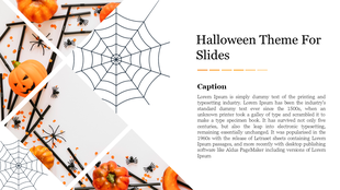 Halloween themed PPT slide design featuring a pumpkin and spiders, with web borders and space for text captions.