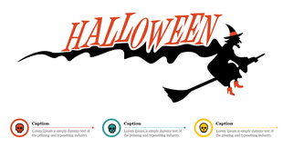 Halloween slide with a silhouette of a witch flying across the title and three colorful captions marked with skull icons.