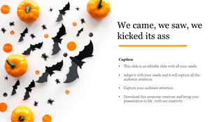 Halloween flat lay with black paper bats, spiders, orange dots, and mini pumpkins on the left placeholder text on the right.