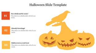 Halloween slide with three numbered orange blocks and yellow pumpkin illustrations, and a crow perched on it.