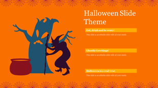 Halloween slide with orange background, a witch stirring a cauldron beside a spooky tree, and three yellow text sections.