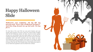 Happy Halloween slide shows a devilish character with a pitchfork, gifts, and spooky decorations like an owl and spider webs.