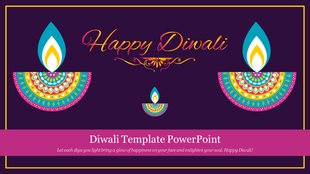 Diwali slide with decorative lamps featuring intricate patterns, colorful message, and a pink quote, on a purple background.