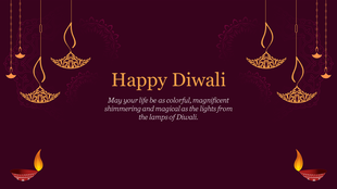 Diwali greeting card with hanging lamps and a warm message, set against a rich purple background.