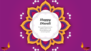 Diwali greeting card with a vibrant mandala design on a purple background, surrounded by small white petals and diyas.