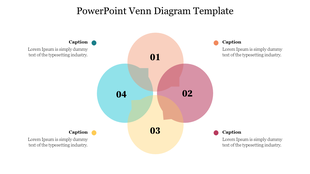 Venn diagram PowerPoint slide with four overlapping circles, each labeled with numbers and corresponding captions for text.