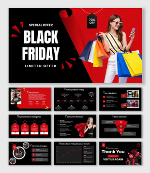 black friday slides, black-red theme, shopper with bags, discount tag, shapes, icons, and clean structured text boxes layout.