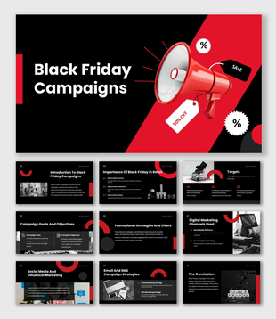 Black friday campaigns presentation slides with sale icons, pricing offers, and campaign planning visuals.