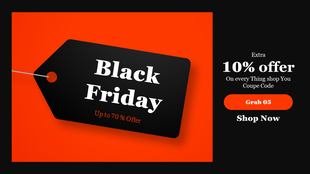 Black Friday sale design with modern badge layout on the left, bold discount text on red, and a shop website link below.