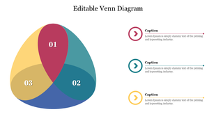 Venn diagram PowerPoint template with three overlapping sections, labeled 01, 02, and 03, and placeholders for captions.