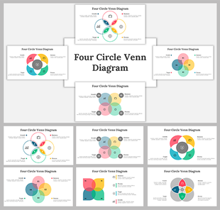 Slide deck featuring colorful four circle venn diagrams in various layouts, with overlapping sections in vibrant colors.