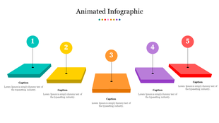 Horizontal infographic with five color-coded numbered markers on elevated platforms, ranging from teal to red.