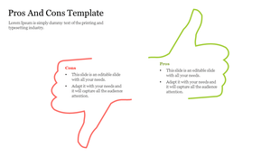 Pros and cons template featuring thumb up and thumb down outlines for listing advantages and disadvantages side by side.