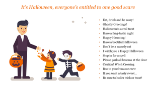Halloween slide featuring a father handing out candy to two children in costumes, with a list of text on the right.