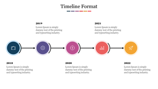 Clean timeline design featuring icons and descriptions for each year from 2018 through 2022, with alternating positions.