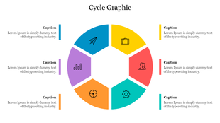 Colorful hexagonal diagram representing a cycle, with icons in each segment surrounded with caption areas.