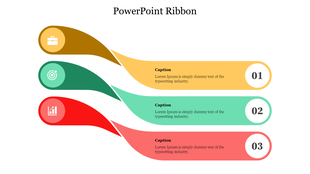 Three flowing ribbons in yellow, green, and red, each with number, icons and captions.