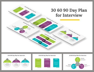 Slide deck  showcasing various layouts of a 30 60 90 Day Plan for Interview, using green, purple, and blue color coding.