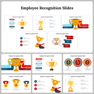 Deck of slides for employee recognition, highlighting trophy illustrations, medals, and awards in various design formats.