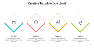 Creative template with four tilted square icons in teal, coral, gold, and green, featuring minimal line icons and captions.