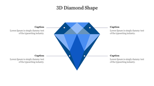 3D blue diamond-shaped graphic in the middle of a slide, accompanied by caption placeholders at all sides.