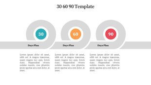 30-60-90 day plan template with circular icons in teal, orange, and red, arranged horizontally with corresponding text boxes.