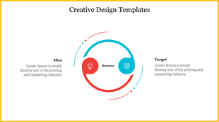 Creative slide with a circle in red and blue sections, connected by arrows in a dynamic, circular motion.