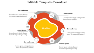 Infographic PPT slide with a design, highlighted heading in yellow surrounded by various icons and placeholder text.