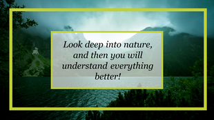 Nature themed slide with quote overlay, showing misty green mountains, a lake, and surrounding trees inside a yellow border.
