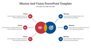 Slide featuring interlocking circles with mission and vision text placeholders and icons.