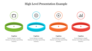 High-level presentation slide with four distinct sections, illustrated with rings and conceptual icons with text captions.