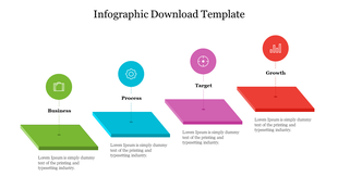 Infographic template featuring four colored blocks in green, blue, pink, and red, featuring icons and placeholder text.